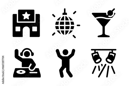 Nightclub icons set: dj, disco ball, cocktail, dance, and party symbols in simple black silhouette style