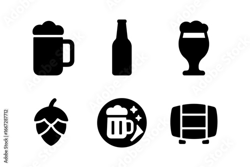 Beer icons collection: mugs, bottles, glasses, and barrels in silhouette style