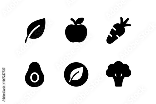 Minimalistic black silhouette icons of fruits and vegetables