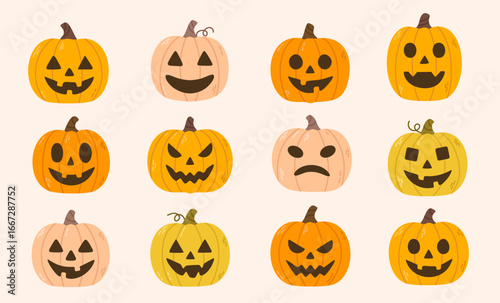 Collection of halloween pumpkins with different faces isolated on beige background