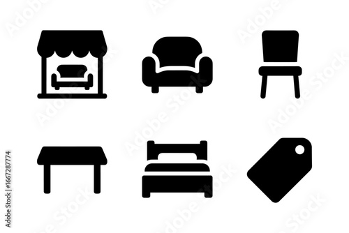 Essential silhouette icons featuring furniture and shopping elements for minimalist designs