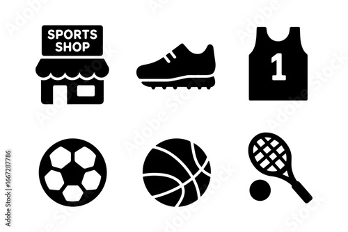 Set of six sport icons: shoe, jersey, ball, and more in silhouette style