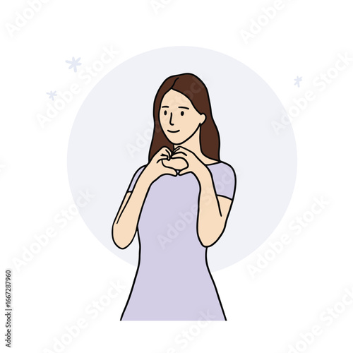 Illustration of a woman doing a hand heart movement with one hand