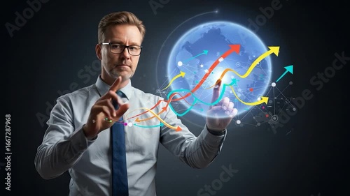 Businessman interacts with dynamic graphic visualizations of growth and trends.