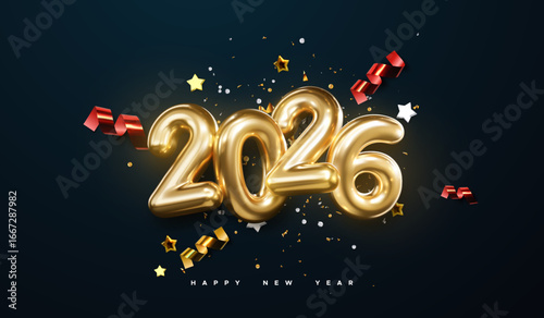 Realistic 2026 golden numbers with festive confetti, stars and spiral ribbons on black background. Vector holiday illustration. Happy New 2026 Year. New year ornament. Decoration element with tinsel