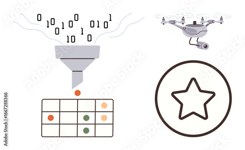 Binary data flows into a filter leading to organized charts, a surveillance drone hovers, and a star within a circle highlights quality. Ideal for technology, data processing, AI, surveillance