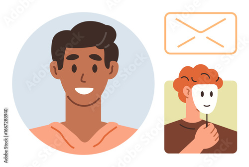 Young man smiling, person holding a mask, and envelope depicting communication, identity, and trust. Ideal for online interactions, personal identity, email ethics, social dynamics trust anonymity