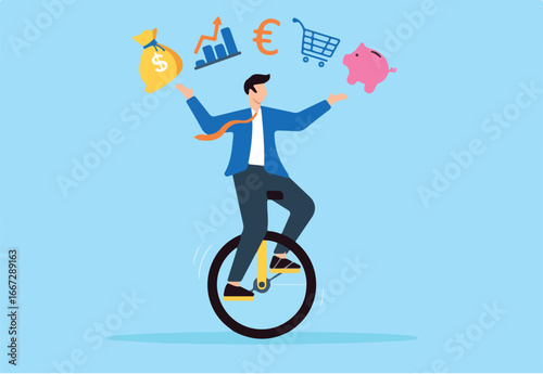 Smart businessman juggling finance on unicycle in flat design
