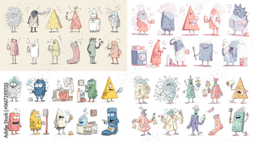 Whimsical cartoon monsters and geometric characters with quirky shapes and funny expressions. Playful fantasy illustration for creative designs.