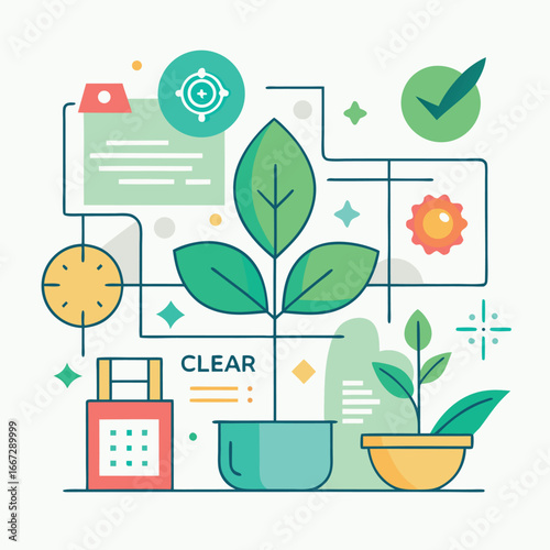 Abstract illustration of plant growth research and development with scientific elements and icons
