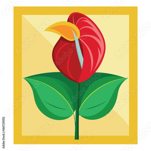 A vibrant red anthurium flower with green leaves and a yellow frame, set against a soft yellow background