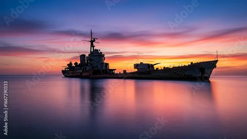 A serene sunset over a tranquil sea, showcasing the silhouette of an abandoned warship resting peacefully on the water.