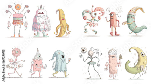 Set of quirky cartoon monsters with colorful shapes and imaginative designs. Cute and funny fantasy characters for playful artwork.