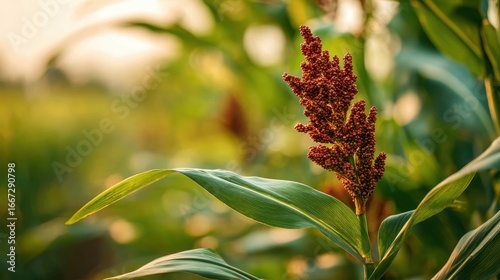 Close-up shot of a single sorghum plant, highlighting its tall, slender stalks, its large, green leaves and the developing, reddish brown seed heads. The sun casts a warm, golden .