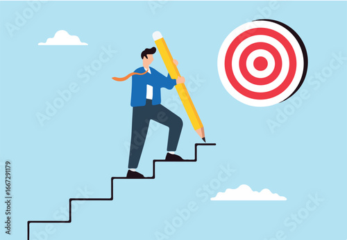 Businessman holding pencil to draw stairs to reach target