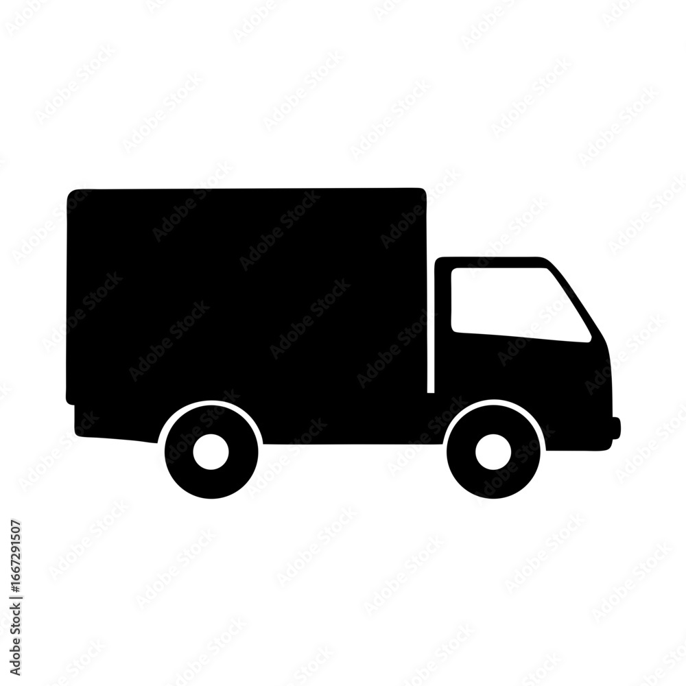 Fototapeta premium Simple black silhouette of a delivery truck or moving van on white
