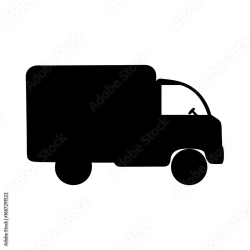 Black silhouette of a delivery truck with visible steering wheel and two wheels