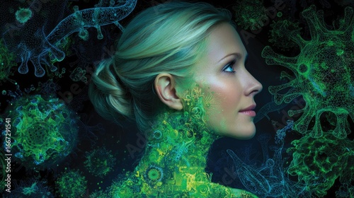A woman stands in profile, her body surrounded by vibrant green patterns representing the intersection of biotechnology and biohacking. The image conveys a futuristic look at personal health