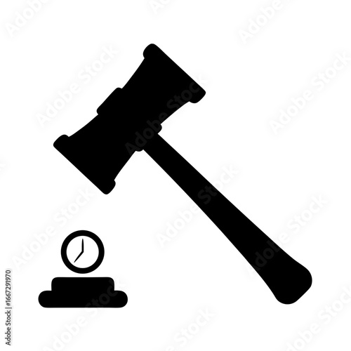 A black silhouette of a gavel hovering over a clock icon illustration