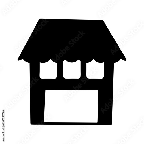 Black and white minimalist store front illustration with rooftop canopy