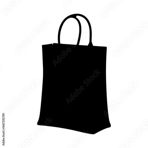 Black silhouette of a shopping bag with curved handles and perspective