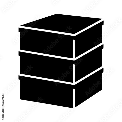 Black silhouette image showing three stacked rectangular boxes, simple and geometric