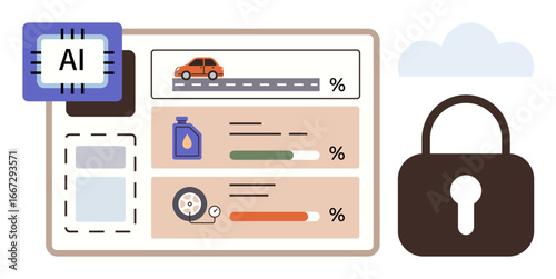 AI chip monitors vehicle stats thumbs up fuel levels and tire conditions, displayed visually on charts. Locked padlock ensures data security. Ideal for technology, innovation, safety, performance