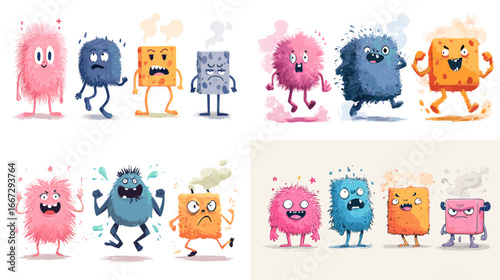 Cute cartoon fuzzy food monsters in colorful playful style, expressing funny emotions and whimsical character designs.