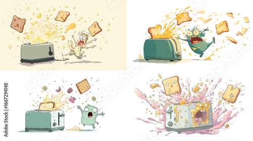 Humorous cartoon toaster illustration with toast flying, explosions, and funny food monster reactions in colorful whimsical style.