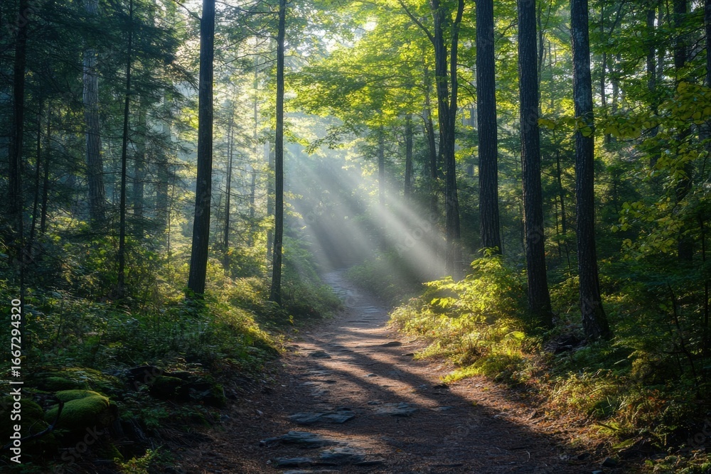 Obraz premium Sunbeams through tall forest trees