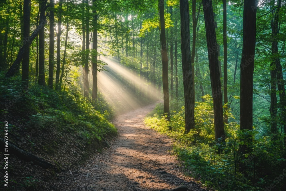 Obraz premium Sun rays shining through pine trees