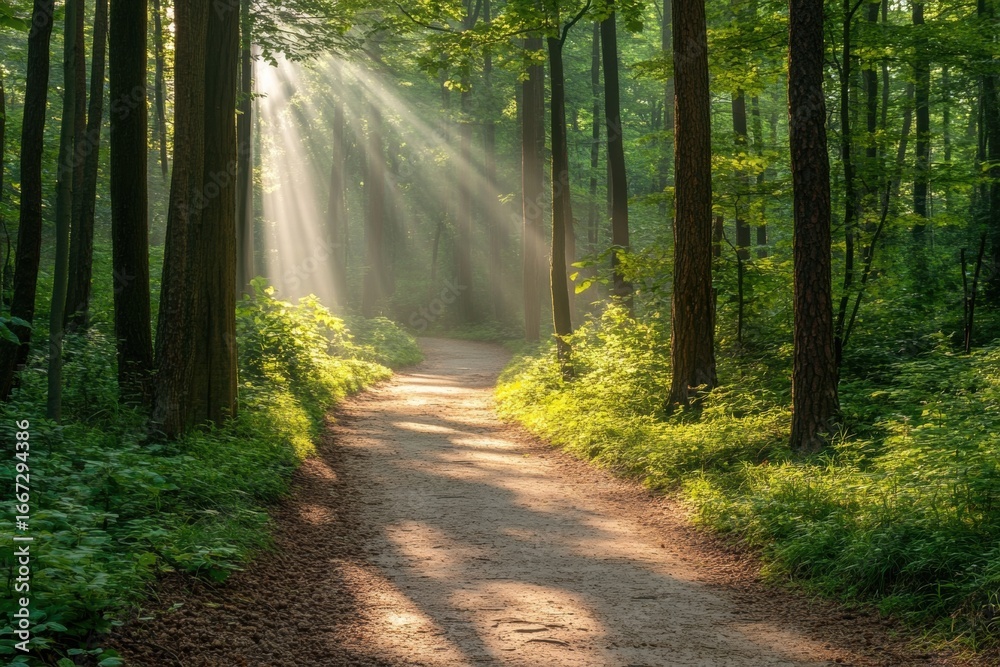 Obraz premium Dense pine forest with light breaking through