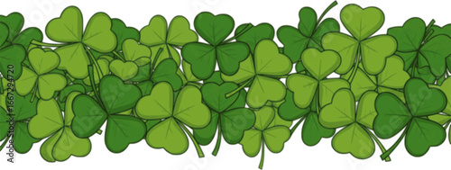 St. Patrick's day horizontal seamless background with green clover leaves (shamrock) on a white background. Vector seamless border
