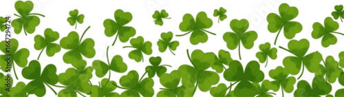 St. Patrick's day horizontal seamless background with green clover leaves (shamrock) on a white background. Vector seamless border
