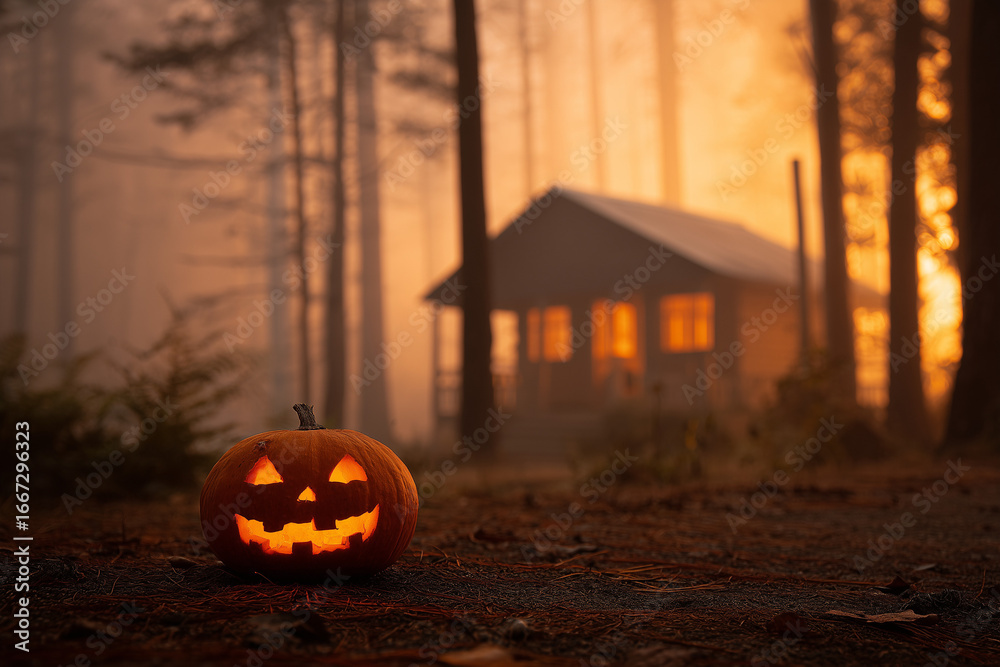 custom made wallpaper toronto digitalHalloween Jack O Lantern in Foggy Forest with Cabin, orange background