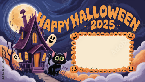 Spooky Halloween scene with haunted house, playful ghost, and grinning black cat under a full moon ready for celebrations