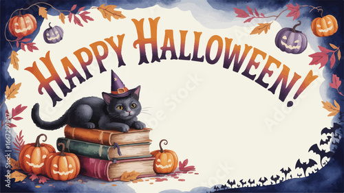 Happy Halloween wishes with a charming witch cat, pumpkins, and autumn leaves creating a festive seasonal greeting for celebrations