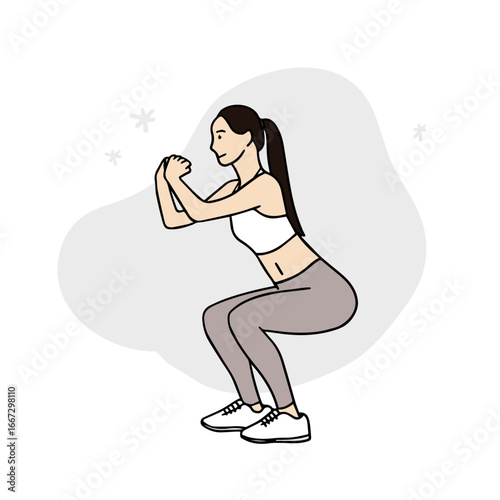 Woman wearing leggings and doing muscle workout. Hand-drawn exercise-related vector elements