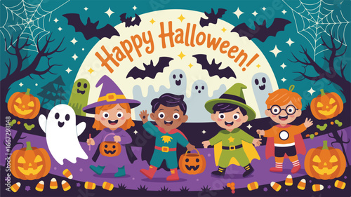 Happy Halloween celebration with diverse kids in costumes, spooky ghosts, and glowing pumpkins under a moonlit sky