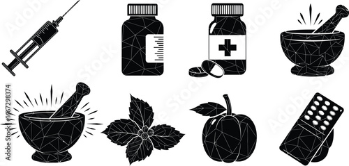 Collection of black and white medical and pharmaceutical icons.