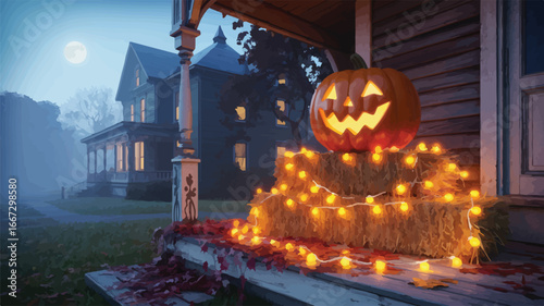 Glowing Jack O'Lantern on hay bale with festive string lights setting a spooky Halloween scene under the moon's soft glow