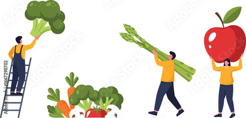 People harvesting and carrying various fresh vegetables and fruits.