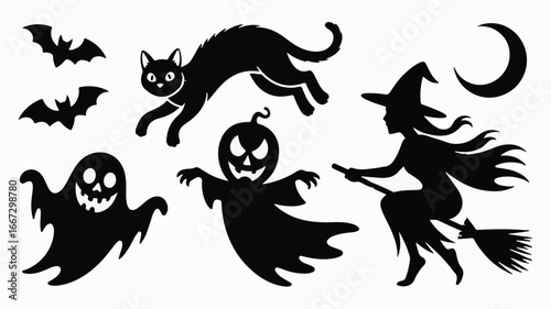 Spooky Halloween silhouettes featuring a black cat, bats, witch, ghost, and pumpkin perfect for festive designs and seasonal celebrations