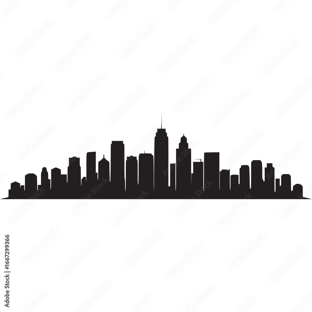 Naklejka premium A stark black silhouette of a city skyline against a plain white background showcasing urban architecture