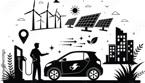 Electric car charging at a station powered by renewable energy sources like wind turbines and solar panels, illustrating sustainable urban living.