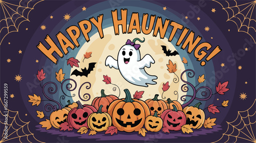 Delightful Halloween scene with friendly ghost, carved pumpkins, bats, and autumn leaves for festive celebrations and seasonal designs