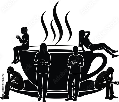 A black and white silhouette illustration of various people gathered around a giant, steaming cup of coffee.