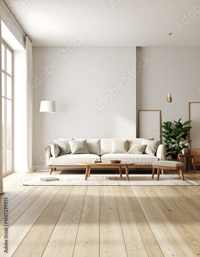 Modern living room with light beige furniture and wooden flooring