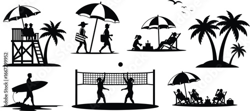 Silhouetted beach scene with people, palm trees, volleyball, lifeguard tower, and other summer vacation elements.