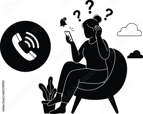 Confused woman holding smartphone with question marks, frustrated female character receiving phone call, black and white flat vector illustration